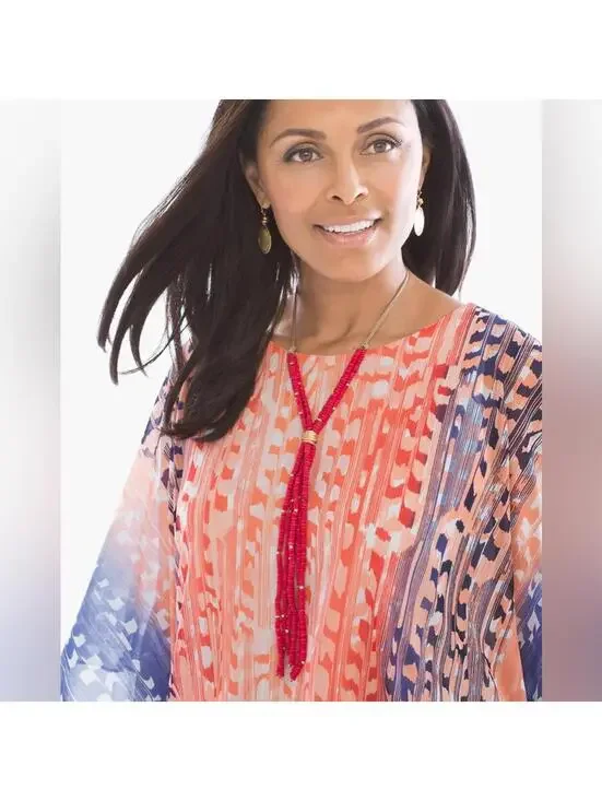 Nygard Orange Print Sheer Poncho Style Open Shoulder Blouse Top- Size Medium - Picture 3 of 7